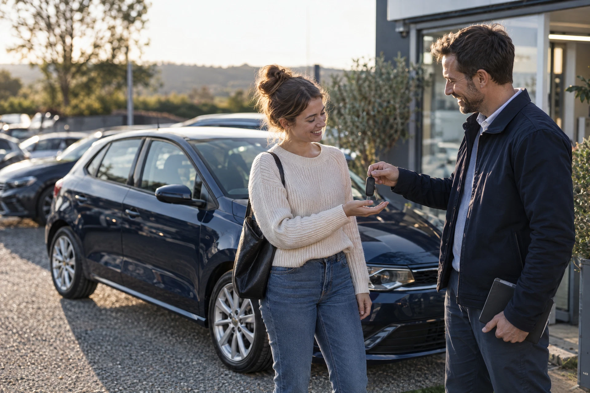 Illustrative dealership handover beside a vehicle