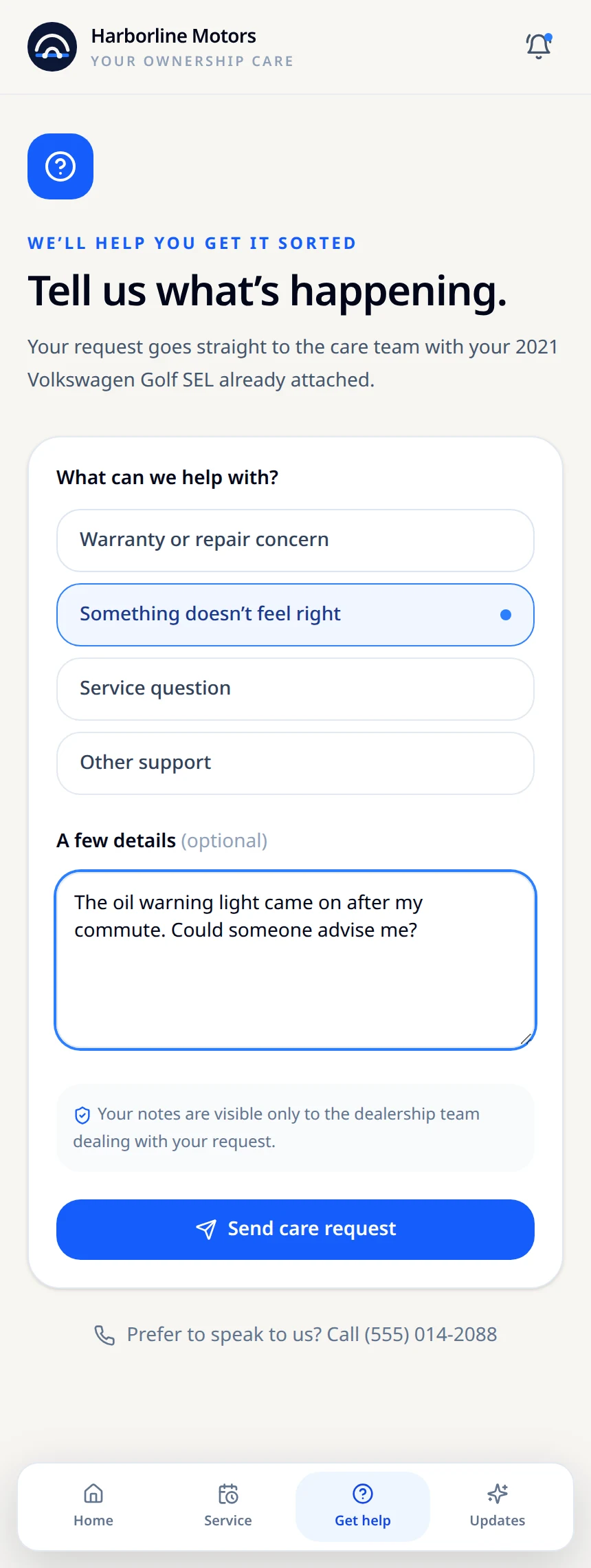 Actual fictional owner's help screen with an oil warning light concern entered but not submitted as a live case