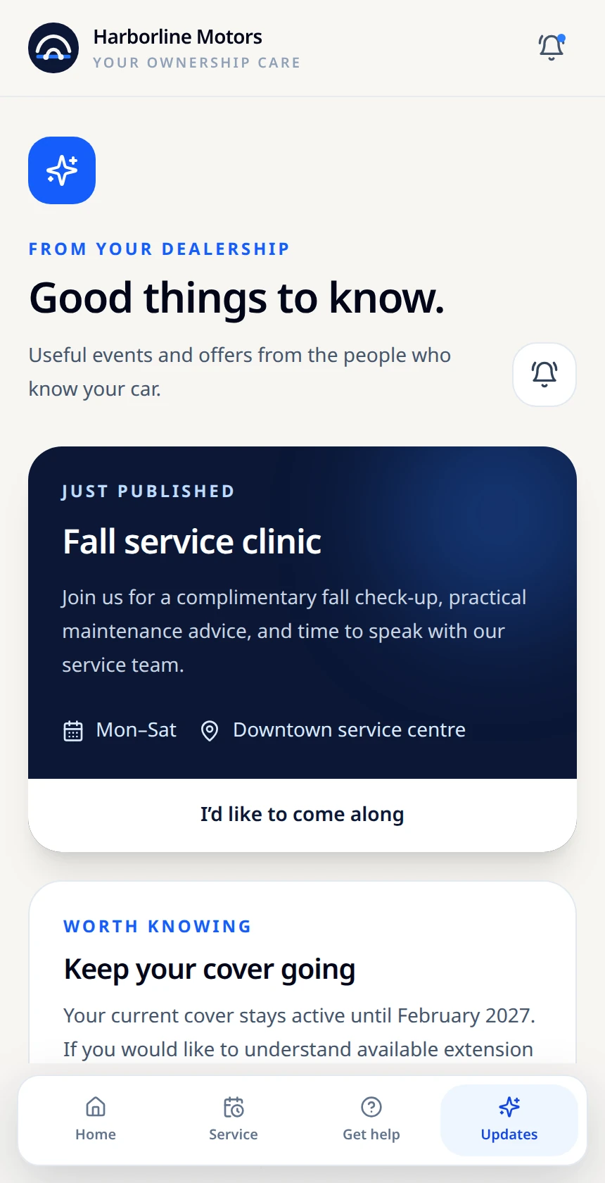 Fresh fictional owner-updates render showing the same Fall service clinic notice, framed just above bottom navigation