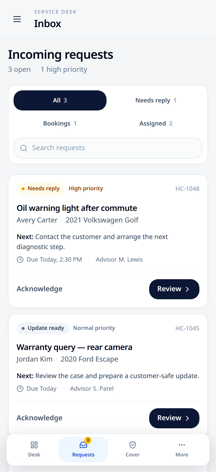 Fresh fictional service-inbox render showing separate customer requests, priorities and next actions, framed just above bottom navigation